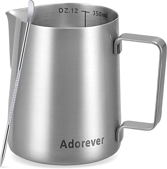 Adorever Milk Frothing Pitcher, 12oz Stainless Steel Milk Frother Cup Steaming Pitcher, Cappuccino Espresso Accessories Coffee Bar Barista Tools, Steamer Cup Milk Jug with Latte Art Pen, Matte Steel