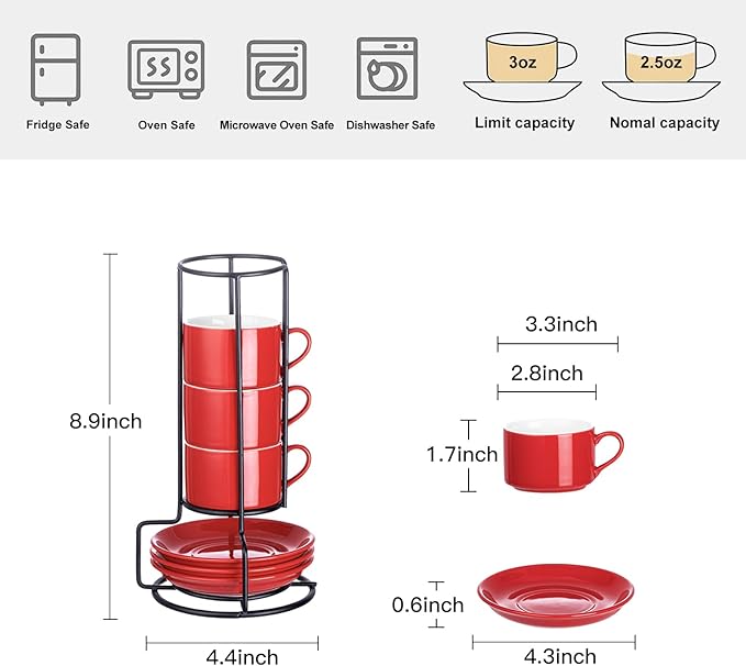 Meichu 2.5oz Porcelain Stackable Espresso Cups with Saucers and Metal Stand Set of 4, Stackable Espresso Cups Set of 4, Red Expresso Shots Cup Set for Cappuccino, Coffee Drinks, Latte, Tea