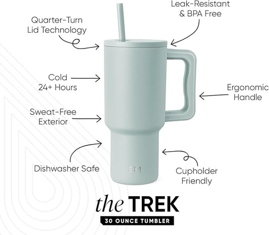 Simple Modern 30 oz Trek Tumbler with Handle and Straw Lid | Cup Holder Friendly Insulated Stainless Steel Travel Mug | Sea Glass Sage