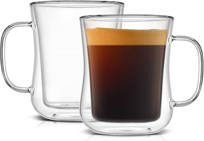 JoyJolt Double Wall Glass Coffee Mugs - 13.5oz Diner Mug Set of 2. Insulated, Clear Glasses That Don't Sweat, Perfect for Cappuccino, Latte, BV174