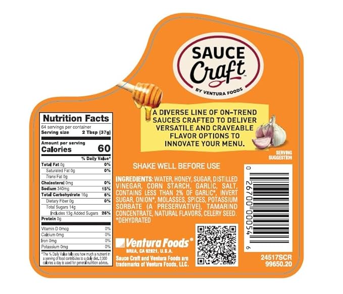 Sauce Craft Honey Garlic Sauce, Rich Honey Sweetness, Bold Garlic, Subtle Heat, Glaze for Salmon or Wings, 0.5 Gallon