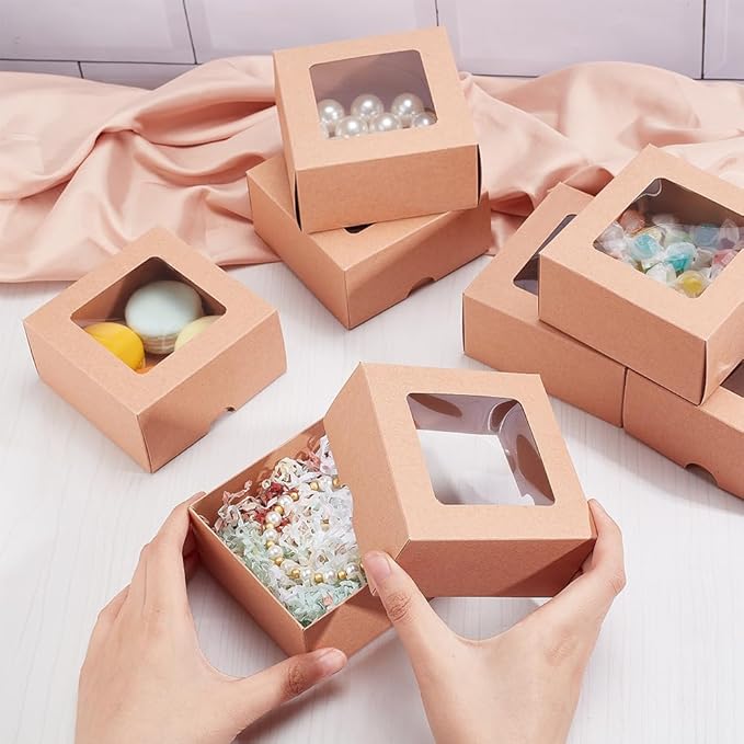 BENECREAT 12PCS Brown Kraft Paper Box with Clear Window, 3.94x3.94x1.97inch Square Kraft Paper Gift Box, Suitable for Wedding Party Gifts, Jewelry Packaging