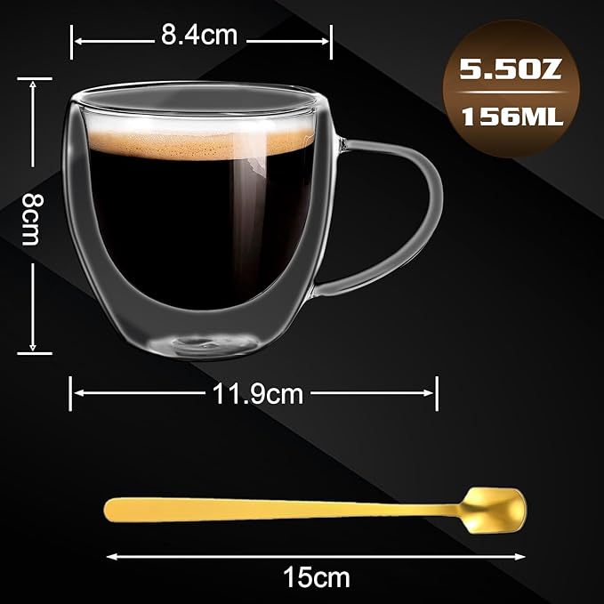 Clear Glass Coffee Cups with Spoons in a Luxurious Gift Box Set of 2 Pieces - 5.5oz in Sizes Double Wall Insulated Reusable Cups for Home Cafe Restaurant - Best Gift for Coffee Lovers