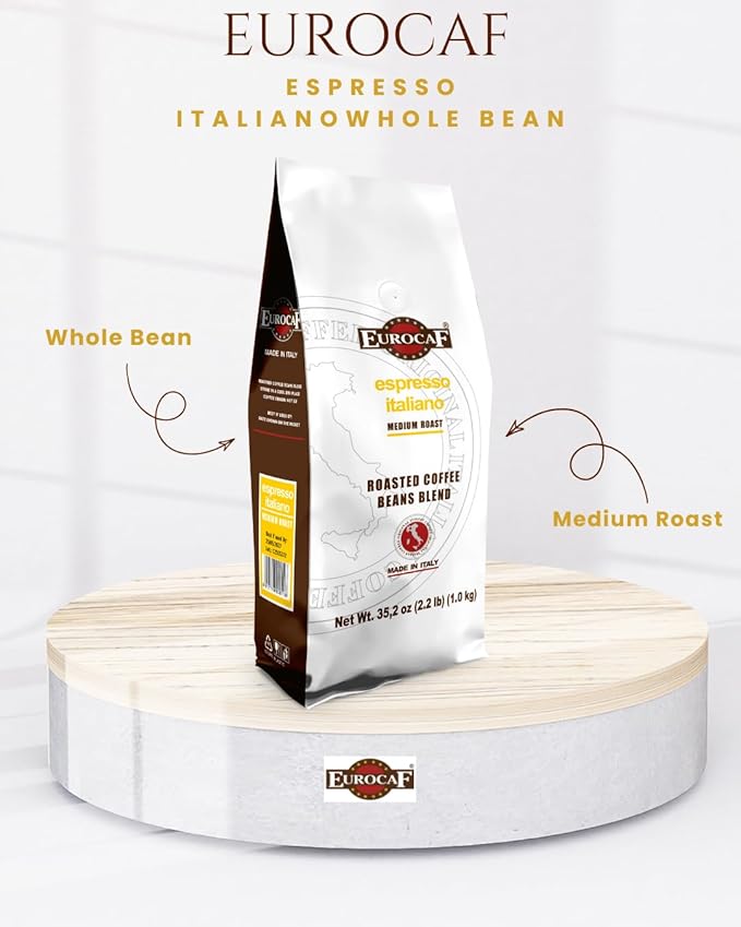 Eurocaf Espresso Italiano, Blended Whole Bean Coffee, Medium Roast, 2.2 Ib bag, Original Italian Coffee (Pack of 1)