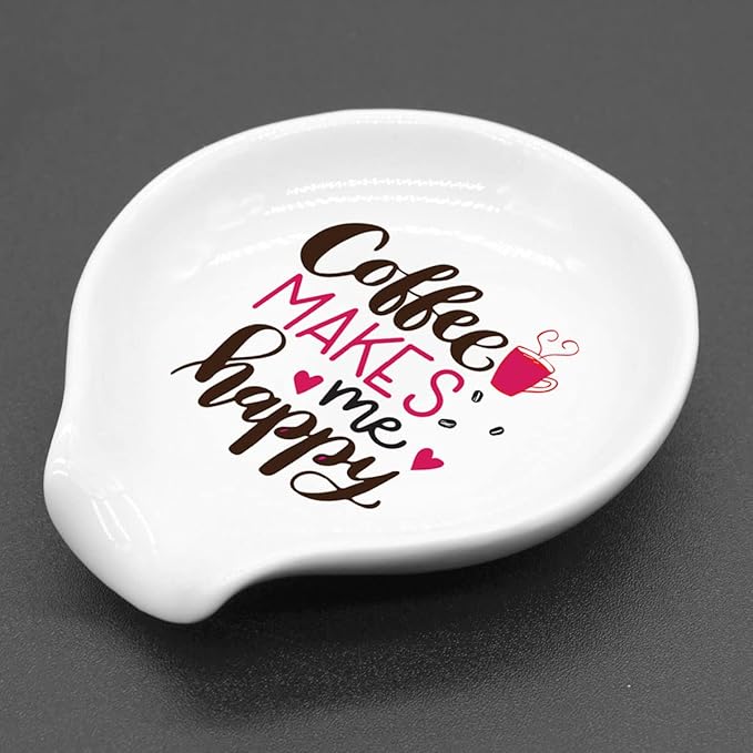 Funny Coffee Quote Colored Pattern Ceramic Coffee Spoon Holder-Coffee Spoon Rest -Coffee Station Decor Coffee Bar Accessories-Coffee Lovers Gift for Women and Men (Coffee Makes Me Happy)