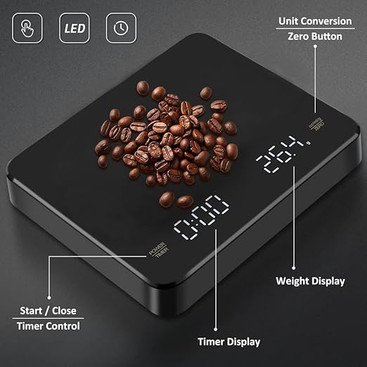 OBEST Mini Coffee Scale with Timer, Portable Kitchen Food Scale with Invisible Screen Rechargeable Digital Coffee Scale Espresso Scale with Timer 3kg/0.1g Precision Scale Black