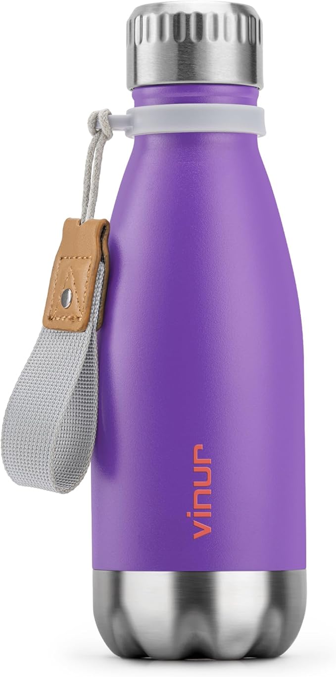 VINUR 9 oz Small Water Bottle for Kids-Stainless Steel Vacuum Insulated Water Bottle for School-Cola Shape Leak Proof Flask with Carry Rope, Purple