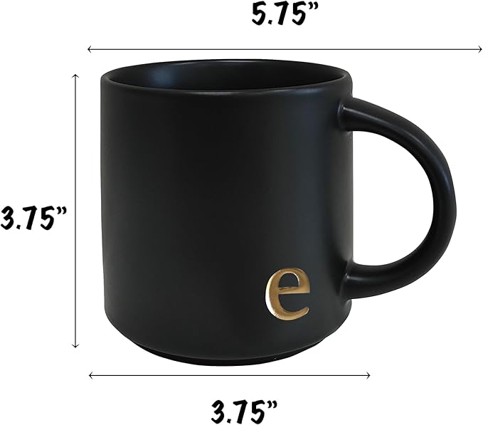 COLLECTIVE HOME - Black Monogram Ceramic Mugs, 15 oz Golden Initial Coffee Cups, Elegant Alphabet Tea Mugs, Personalized Halloween Mug with Gift Box, Perfect for Office and Home Décor (e)