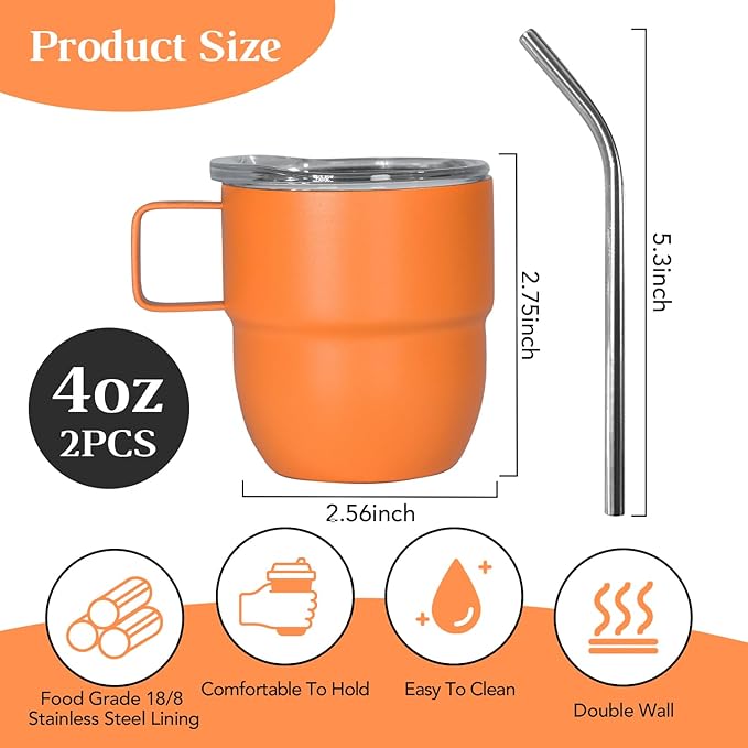 4oz Espresso Cup Set of 2, Insulated Espresso Mug With Lid and Straw, Espresso Shot Glasses with Handle, Double Walled Stainless Steel Small Expresso Shots Cup for Coffee