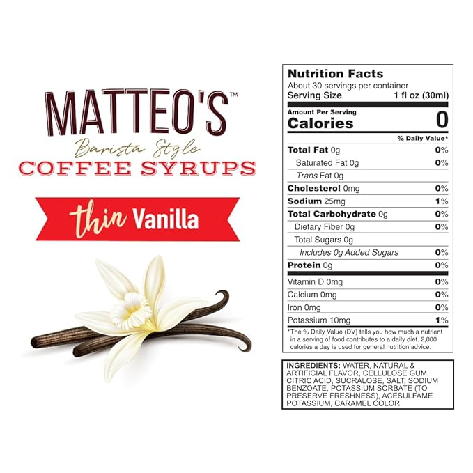 Matteo's Vanilla Syrup for Coffee, Lattes, Cappuccinos & Desserts – Sugar-Free Sweetener for Beverages, Keto Friendly, Zero Calories, Indulgent Flavor, Non-Alcoholic, Ideal for Hot Drinks 33.8oz (6pk)