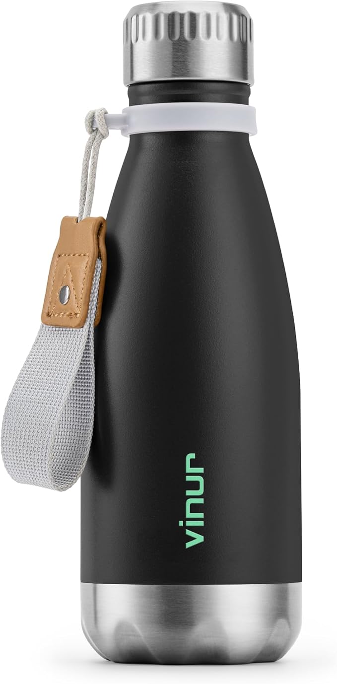 VINUR 12 oz Small Water Bottle - Kids Stainless Steel Double Wall Vacuum Insulated Water Bottle for School-Cola Shape Flask with Carry Rope(Black)