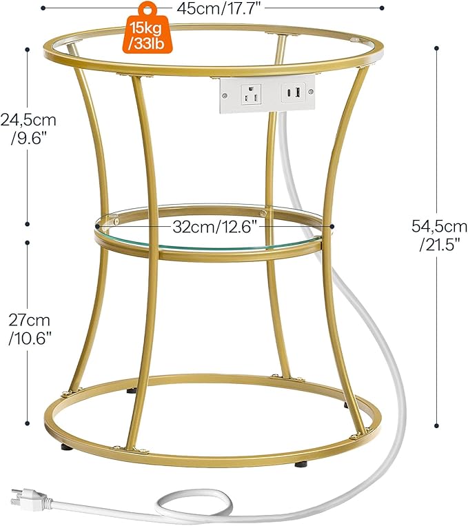 HOOBRO Round Coffee End Table with Charging Station, 2-Tier Small Accent Side Table with Glass Tabletop, Round Nightstand for Small Space in Living Room, Bedroom, Gold GD83UBZ01
