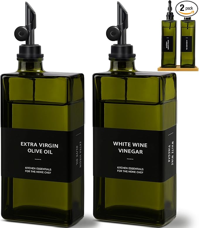Olive Oil Dispenser Bottle for Kitchen with Bamboo Tray- 16.9oz Glass Oil and Vinegar Dispenser Set, Soy Sauce & Syrup Bottle, Modern Hostess Gift (Green, Set of 2)