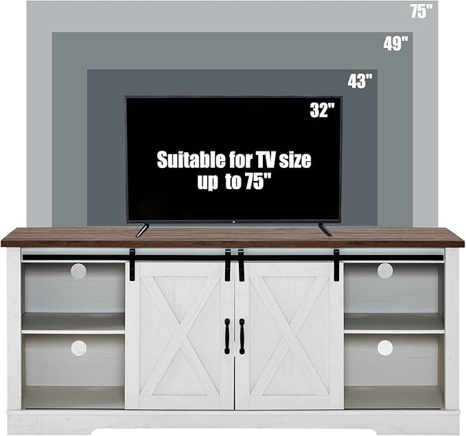 AMERLIFE 4-Piece Farmhouse Table Set Includes Sliding Barn Door TV Stand, Coffee Table& Two End Tables, Side Table with Charging Station and USB Ports, for Living Room, Distressed White, 66"