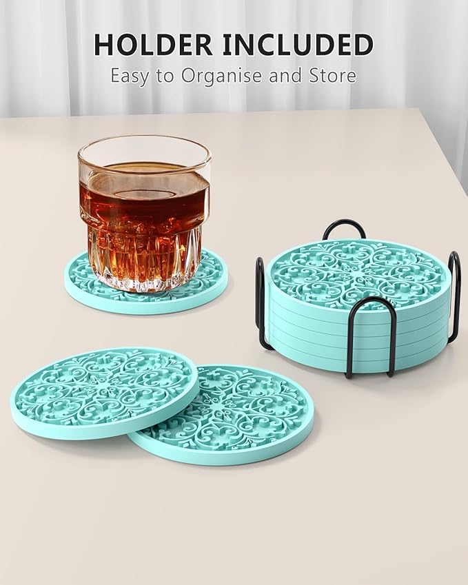 Drink Coasters, Coasters Set of 6 for Cup with Holder, Non-Slip Silicone Cup Mats for Hot and Cold Drinks, Cute Absorbent Coffee Bar Accessories Table Decor, Lake Blue