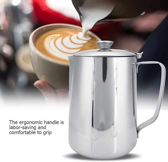 Stainless Steel Pitcher with Lid, 600ml Stainless Steel Milk Frothing Pitcher Coffee Latte Frothing Art Jug Pitcher Mug Cup for Latte Coffee Art for Office Kitchen