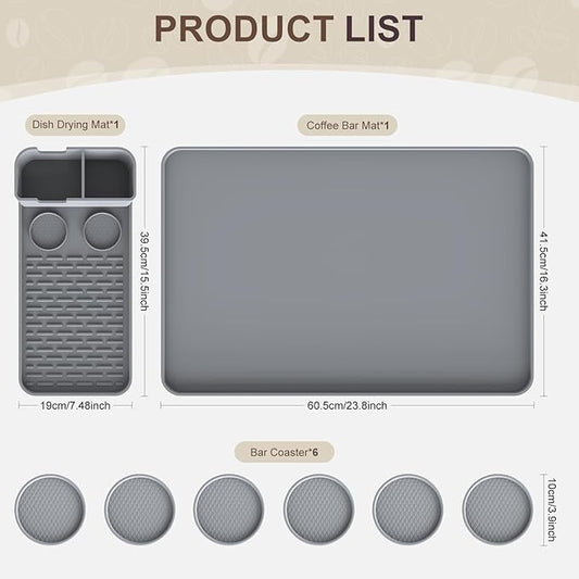 Silicone Coffee Mat with 6 Coasters,24"x16" Counter Bar Mat Fits Under Coffee Maker/Pot & Espresso Machine, Bar Aceessories,Detachable Drying Pad for Tamper,Sugar Packets,Cups & Countertop Protection