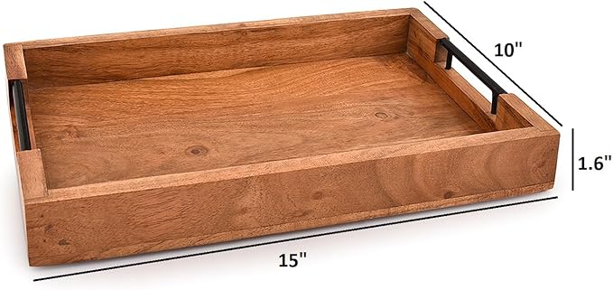 Tray with Metal Handles Acacia Wood Serving Tray Decorative Ottoman Coffee Table Tray for Living Room Kitchen Food Tray (15" X 10" X 1.6")