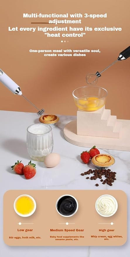 Handheld Milk Frother Wand 3-Speed,Electric Whisk Drink Mixer for Coffee,Milk,Cream,Lattes,Usb Charging with 2 Heads,Coffee Enthusiasts Gift-White