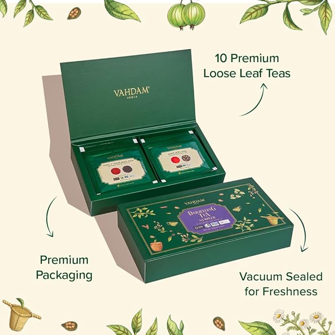 VAHDAM, Assorted Darjeeling Tea Sampler (10 Flavors, 50 Servings) Gluten Free, Non GMO - Darjeeling First Flush & Second Flush | Valentines Day Gifts Set for Him & Her