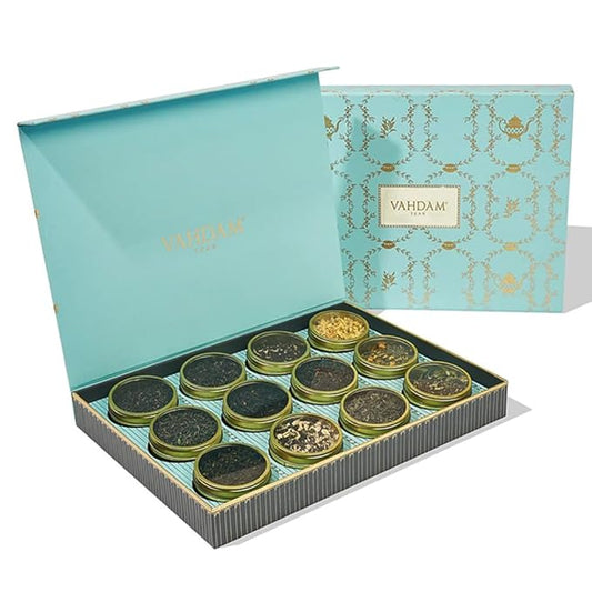 VAHDAM, Bloom - Assorted Valentines Day Tea Gift Set (12 Loose Leaf Tea) Tin Caddy Presentation Box | Gluten Free, Non GMO | Valentines Day Gifts for Him, Valentines Day Gifts for Her