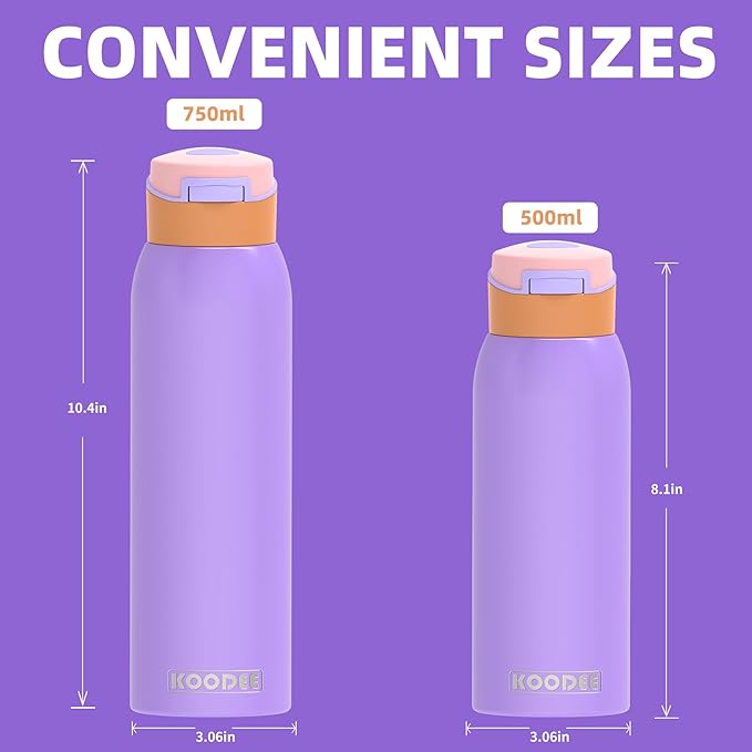 koodee Kids 16oz Free-sip Insulated Stainless Steel Water Bottles with Soft Straw,Quick Flip GO Bounce Cup Thermo-flask,Pop & Fill Double-Wall Vacuum Bottle,for School, Sports,Travel(Peach Lavender)