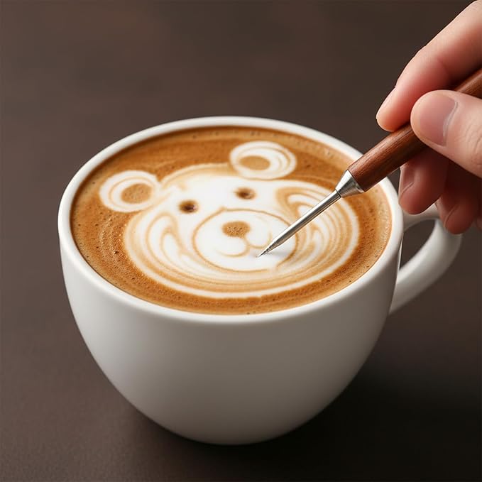 2 Pack Latte Art Stainless Steel Pen Latte Art Tools Barista Tools Wooden Handle with Double Ended Accessories for Home Office Coffee Bar Travel