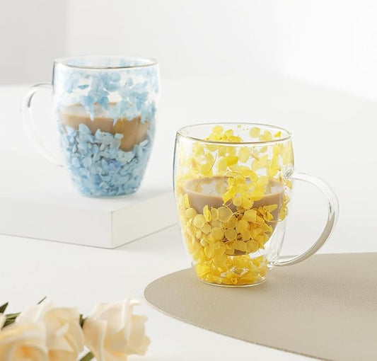 Double Glass Flower Tea Cup, Aesthetic Preserved Flower Cup, Cute Insulated Tea Cup with Handle, Heat Resistant & Lead-free Coffee Mugs, Gifts for Birthday Mother's Day, Perfect for Women Wife Mom (E)