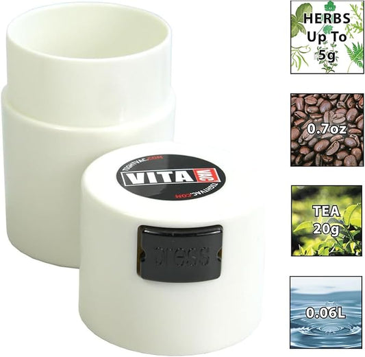 Vitavac - 5g to 20 grams - Patented Airtight Container | Multi-Use Vacuum Seal Portable Storage Container for Dry Goods, Food, and Herbs - White