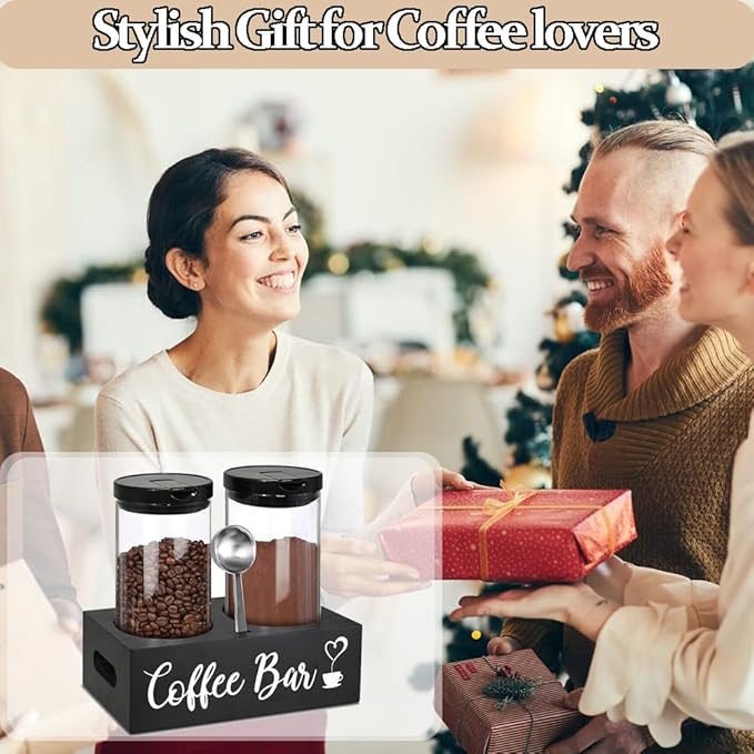 Glass Coffee Containers with Shelf & Scoop, 2 Pcs 48OZ Coffee Storage Jars with Airtight Lid for Coffee Beans, Coffee Powder, Nuts, Snack, Sugar, Tea, Black