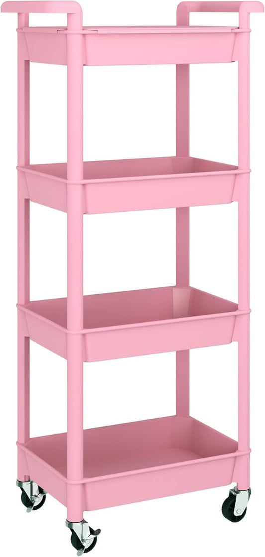 MIOCASA Utility Rolling Cart with Detachable Tray Top, 4-Tier Kitchen Storage Organization, Art Cart with Wheels for Office, Classroom, Livingroom, Kitchen, Bathroom (Pink, 4-Tier-Plastic)