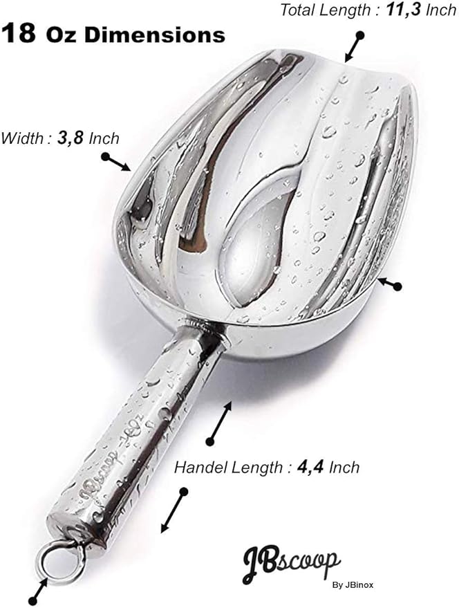 JBscoop Stainless Steel large Ice Scoop 11.3 inch, Feed Candy Popcorn Sugar Utility Scoop Easy Storage, Heavy Duty - 18 Oz