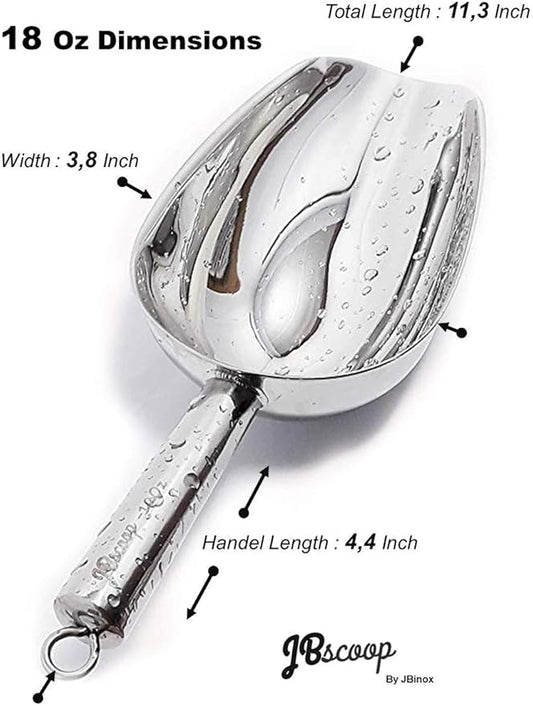 JBscoop Stainless Steel large Ice Scoop 11.3 inch, Feed Candy Popcorn Sugar Utility Scoop Easy Storage, Heavy Duty - 18 Oz