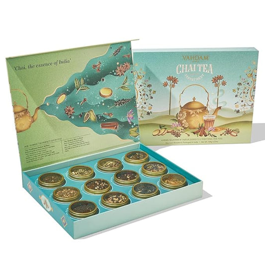 VAHDAM, Chai Tea Gift Set (12 varieties, 60+ servings) Chai Loose Leaf Tea in Tin Caddy Gift Box | Exotic Chai Tea Blends | Gluten Free, Non GMO | Valentines Day Gifts for Him & Her