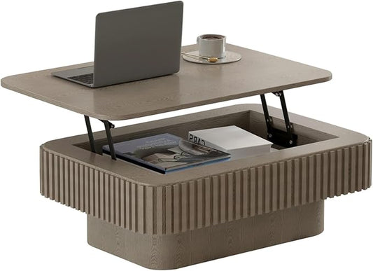 SZTHHDF Lift Top Coffee Table for Living Room,Rectangle Handmade Solid Wood Strips, Fluted Coffee Table with Hidden Storage Compartment Small Space Office Apartment (38.6" L×26.8''W×13.8''H-Grey)