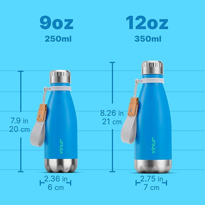 VINUR Small Water Bottle for School-9 oz Stainless Steel Insulated Leak Proof Sports Water Bottle for Purse, Gift for Girl Boy, Sky Blue