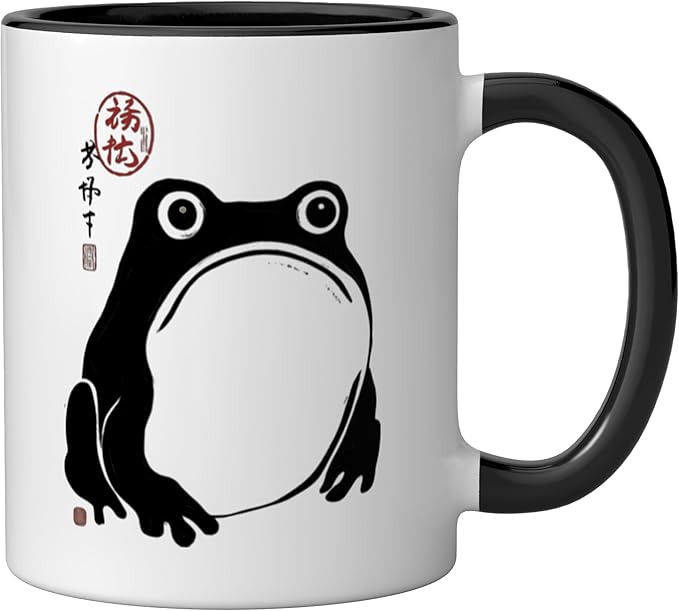 Grumpy Frog Japanese Minimalist Art Frog Lover Ceramic Mug, Black/White