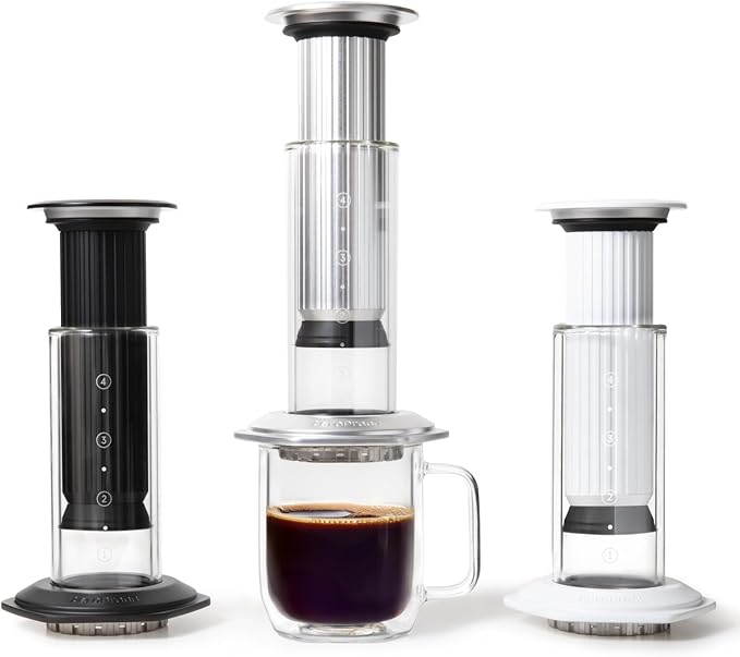AeroPress Premium Coffee Press, Glass, Stainless Steel & Aluminum Coffee Maker, All-in-One French Press, Pour-Over & Espresso Style Manual Brewer, 2 Min Brew for Less Bitterness, More Flavor, Silver