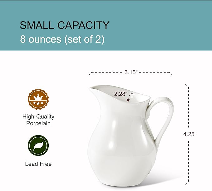Creamer - 8oz Fine Porcelain Milk & Syrup Pitcher (Set of 2, White)