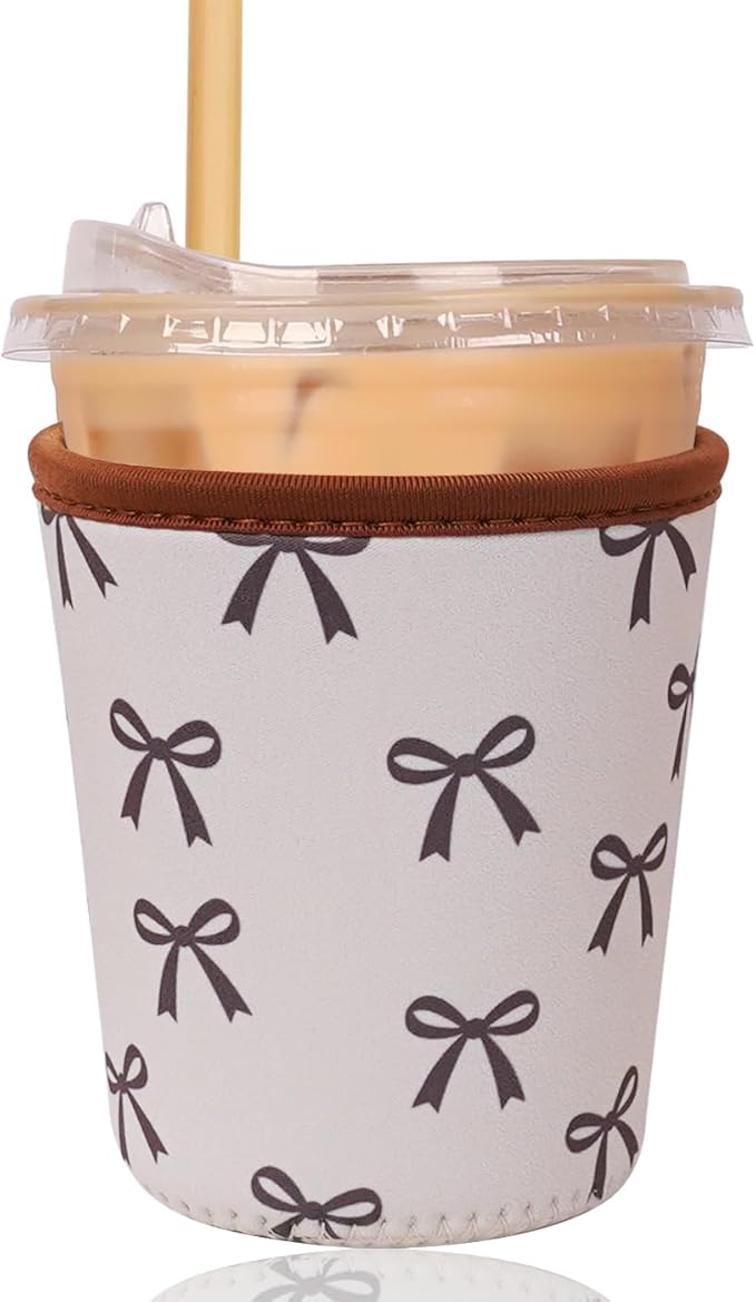 Reusable Insulated Sleeve for Iced Coffee Cup, Coffee Neoprene Sleeve for Cold & Hot Drinks, Beverage Holder for Iced Coffee (Cream Bow, Small: 16-18oz)