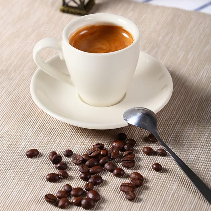 ionEgg Porcelain Espresso Cup with Saucer And Stainless Steel mini Spoons, Espresso shot Cup, 80ml/2.7Oz, Pack of 2, White