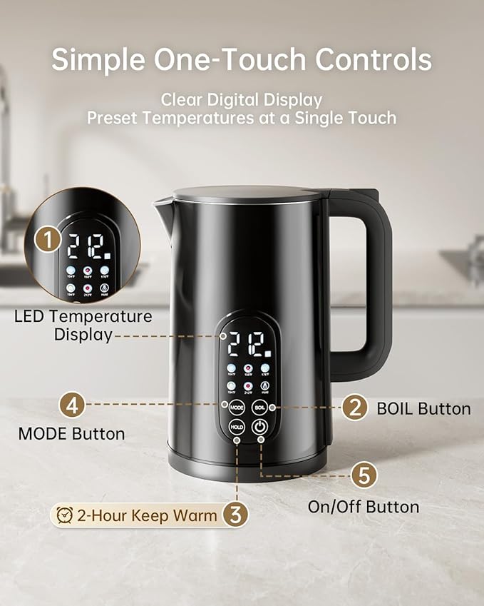 Electric Kettle with Temperature Control, 1.7L Stainless Steel Hot Water Kettle, 5 Presets, Keep Warm & Fast Boil, Matt Black with Stainless Steel Filter