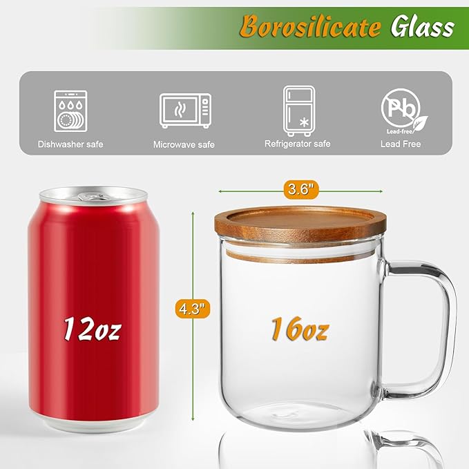DRASTAR Glass Coffee Cups, 16 oz Coffee Mugs, Flat Bottomed Cups with Acacia Wood Lid, Glass Tea Cup with Handle, Clear Tea Cup Set of 2