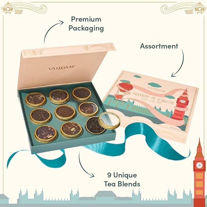 VAHDAM, Weekend in London Valentines Day Gifts Set - 9 Loose Teas | Tin Caddy Travel Edition Gift Box | Valentines Day Gifts for Him & Her | Gluten Free, Non GMO