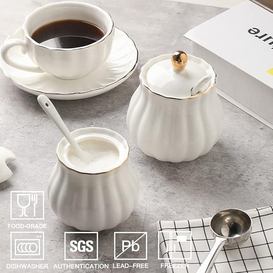 Sweejar Royal Ceramic Sugar Bowl, 12 Ounce Sugar Container with Spoon and Lid, Porcelain Salt Bowl Salt Container, Sugar Holder for Coffee Bar, Home and Kitchen(White)