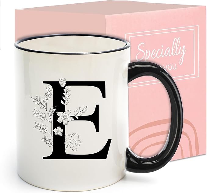 Monogram Ceramic Coffee Mugs, 11 oz Initial Drinking Cup with Gift Box, Unique Birthday Christmas Gifts for Women Wife Mothers Day Grandma Mom Aunt, E