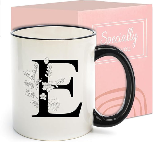 Monogram Ceramic Coffee Mugs, 11 oz Initial Drinking Cup with Gift Box, Unique Birthday Christmas Gifts for Women Wife Mothers Day Grandma Mom Aunt, E