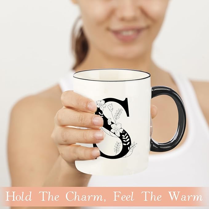 Monogram Ceramic Coffee Mugs, 11 oz Initial Drinking Cup with Gift Box, Unique Birthday Valentines Day Gifts for Women Wife Mothers Day Grandma Mom Aunt, S