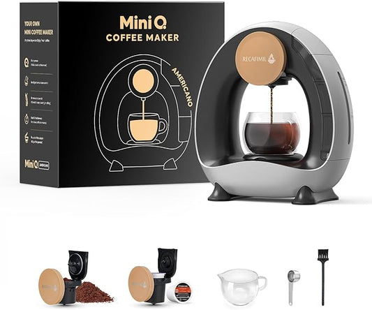 MINI Q 2-in-1 Single Serve Coffee Maker - Brew K-Cups or Ground Coffee (4-8 oz) - Compact Americano Coffee Brewer with Reusable Filter (Grey)