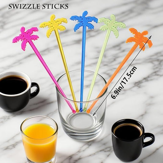 50 Pcs 6.9" Extra-Long Plastic Cocktail Swizzle Sticks, Unique Tropical Design Drink Stirrers Reusable Novelty Swizzle Sticks for Cocktails, Juices, and Party Beverages